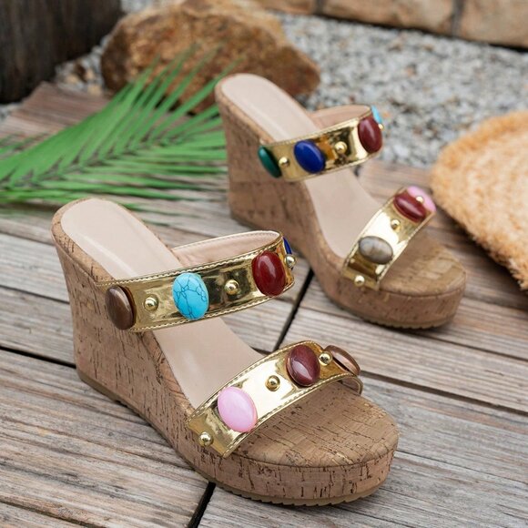 Gold Bohemian Women's Criss-Cross beaqded detailed Wedge Sandals - Picture 6 of 6